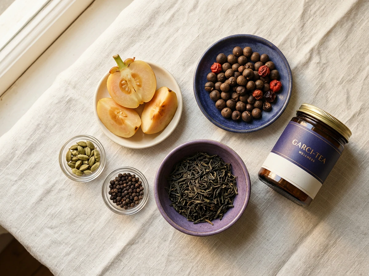 Garcinia cambogia supplement - plant-based wellness ingredient flat lay